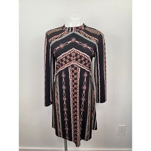Free People Stella Black Tribal Geometric Print Mock Neck Mini Dress Large